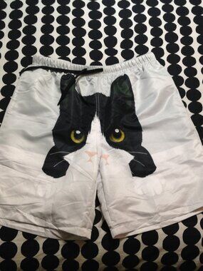Unisex Black White Cat Face Swimming Trunks Shorts L